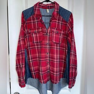 Free People Red Flannel and Denim Shirt